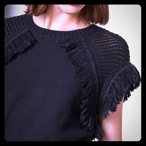 BCBG MaxAzria Pointelle-sleeve Fringed Sweater szM
